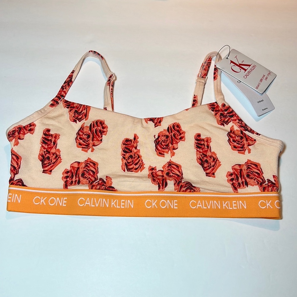 CK One Calvin Klein Unlined Bralette Peach Orange Logo Floral Size Medium NWT